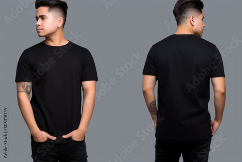 Hispanic young man wearing a black casual t-shirt, Side view behind and front view of a mock up template for a t-shirt design print