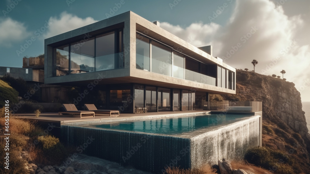 Modern flat roof house and panoramic windows, with a pool by the sea. Palm trees in the background. 3D visualization of the house