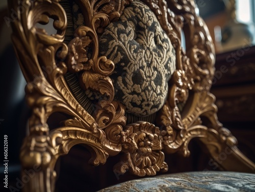 chair with ornate carvings and plush velvet cushioning