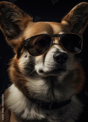 portrait of a welsh corgi pembroke dog with sunglasses on the background the head looking stylish and cool. Generative Ai.