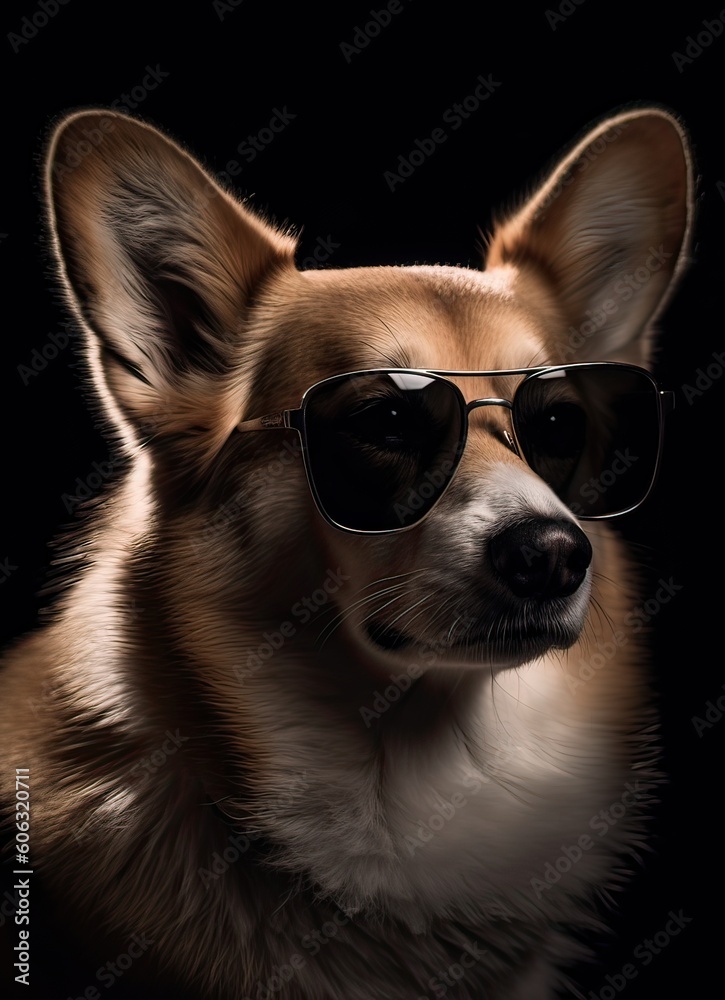 portrait of a welsh corgi pembroke dog with sunglasses on the background the head looking stylish and cool. Generative Ai.