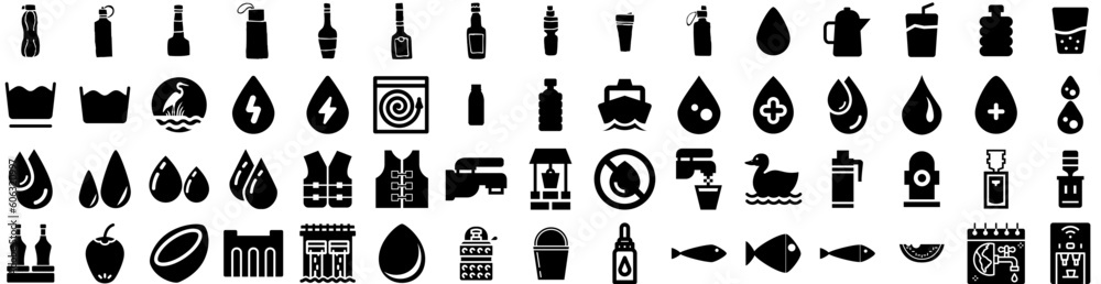 Set Of Water Icons Isolated Silhouette Solid Icon With Nature, Water, Transparent, Liquid, Clean, Blue, Background Infographic Simple Vector Illustration Logo Set Of Water Icons Isolated Silhouette Solid Icon With Nature, Water, Transparent, Liquid, Clean, Blue, Background Infographic Simple Vector Illustration Logo