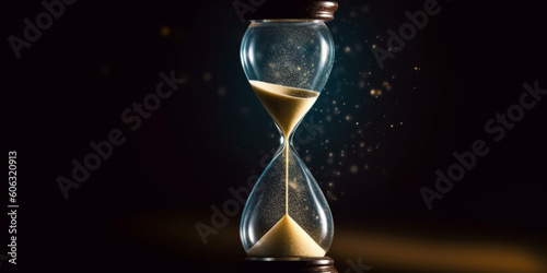 Glass hourglass with glowing sand copy space on left