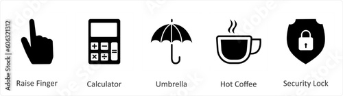 A set of 5 Mix icons as raise finger  calculator  umbrella