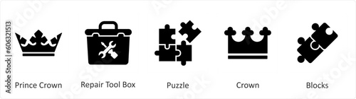A set of 5 Mix icons as prince crown, repair tool box, puzzle