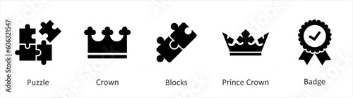 A set of 5 Mix icons as puzzle, crown, blocks 
