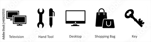 A set of 5 Mix icons as television, hand tool, desktop