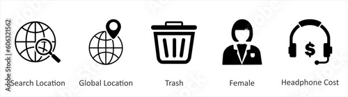 A set of 5 Mix icons as serach location, global location, trash