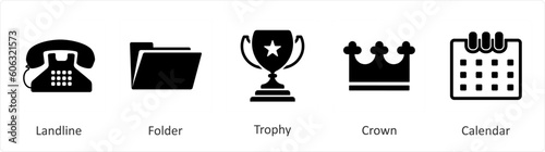 A set of 5 Mix icons as landline, folder, trophy