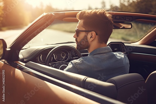 Young man driving a convertible car on the road in the mountains © ttonaorh