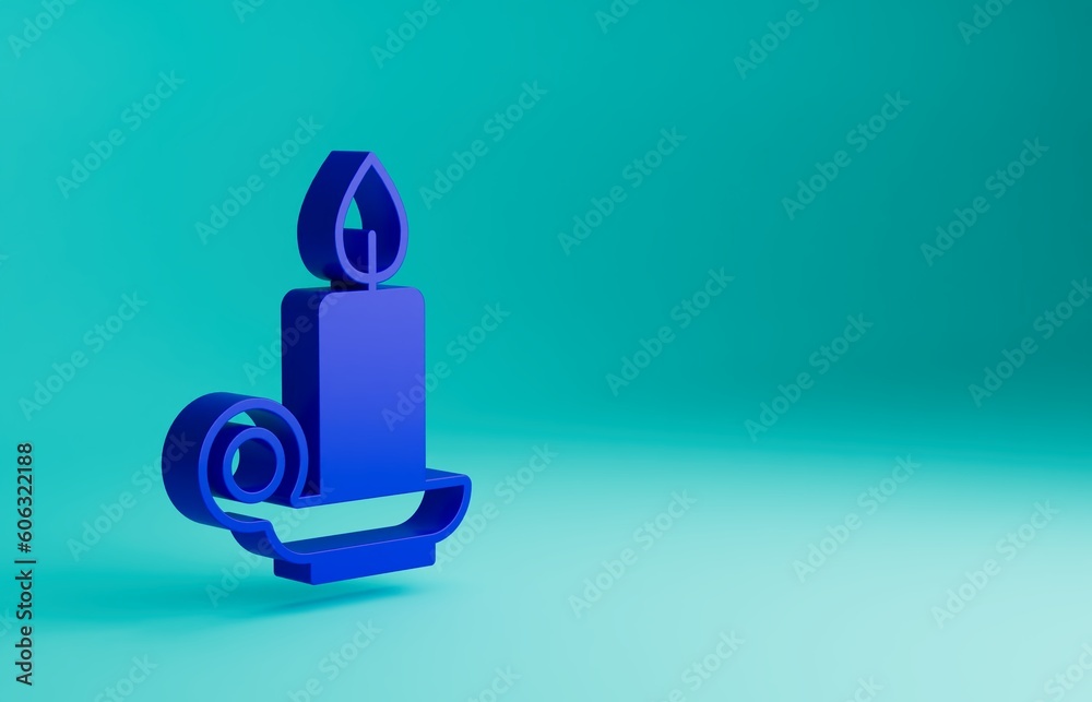 Blue Burning candle in candlestick icon isolated on blue background. Cylindrical candle stick with burning flame. Minimalism concept. 3D render illustration Blue Burning candle in candlestick icon isolated on blue background. Cylindrical candle stick with burning flame. Minimalism concept. 3D render illustration