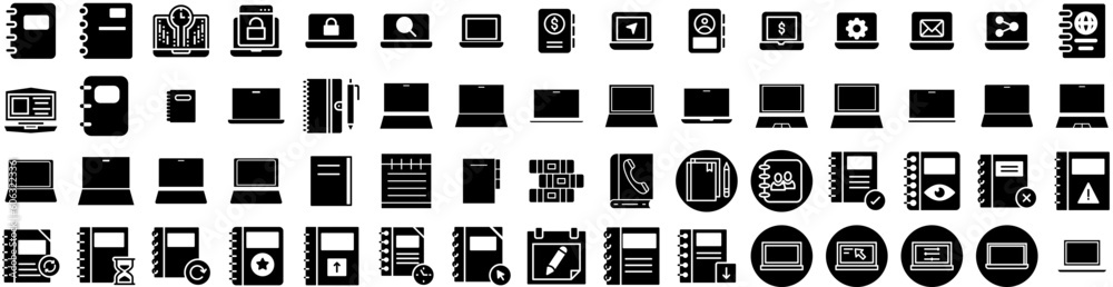Set Of Notebook Icons Isolated Silhouette Solid Icon With Template, White, Notepad, Page, Note, Notebook, Blank Infographic Simple Vector Illustration Logo Set Of Notebook Icons Isolated Silhouette Solid Icon With Template, White, Notepad, Page, Note, Notebook, Blank Infographic Simple Vector Illustration Logo