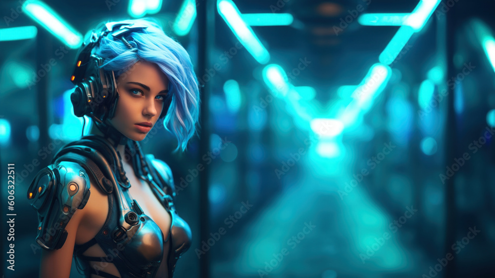 Portrait of a beautiful woman with blue hair inside futuristic data center corridor, cybernetic gene altered android body implants fused with artificial robotic intelligence - generative AI Portrait of a beautiful woman with blue hair inside futuristic data center corridor, cybernetic gene altered android body implants fused with artificial robotic intelligence - generative AI