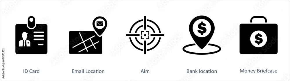 A set of 5 Business icons as id card, email location, aim A set of 5 Business icons as id card, email location, aim