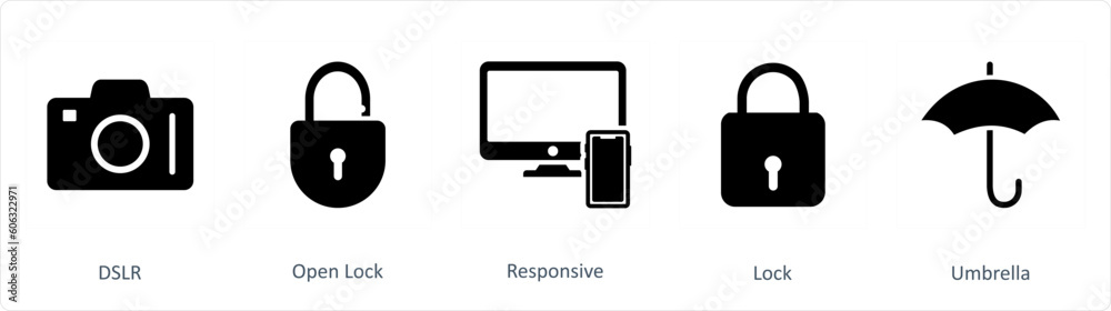 A set of 5 Business icons as dslr, open lock, responsive A set of 5 Business icons as dslr, open lock, responsive