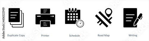 A set of 5 Business icons as duplicate copy, printer, schedule