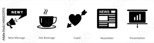 A set of 5 Business icons as new message  hot beverage  cupid