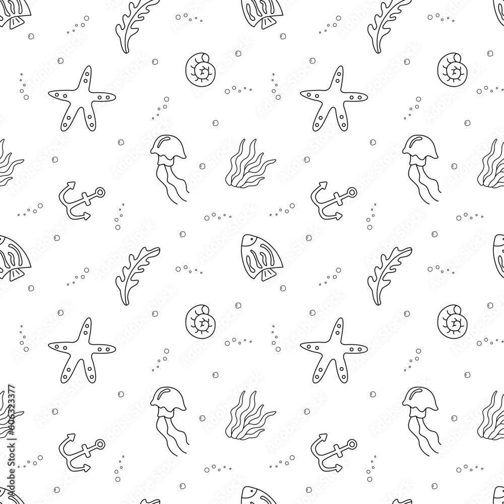 Vector seamless pattern sea animals in doodle style.