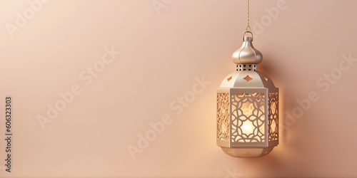 celebration of islamic eid mubarak and eid al adha lantern in a light background copy space, Generative AI