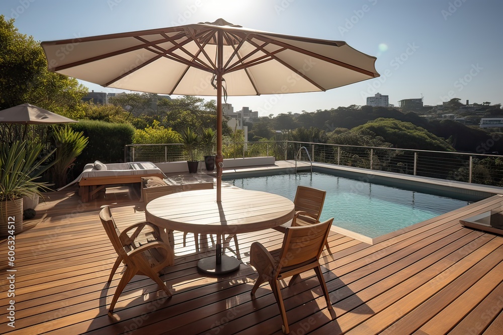 Φωτογραφία Luxury villa show home at tropical summer holiday resort with swimming pool and sun chairs in garden
