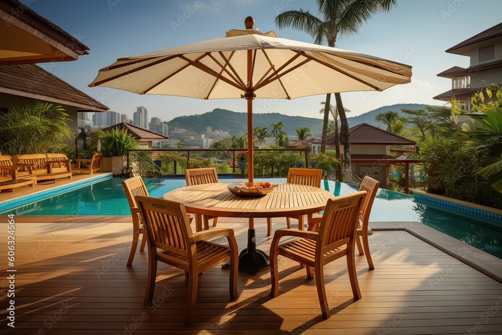 Luxury villa show home at tropical summer holiday resort with swimming pool and sun chairs in garden. Generative Ai. Luxury villa show home at tropical summer holiday resort with swimming pool and sun chairs in garden. Generative Ai.