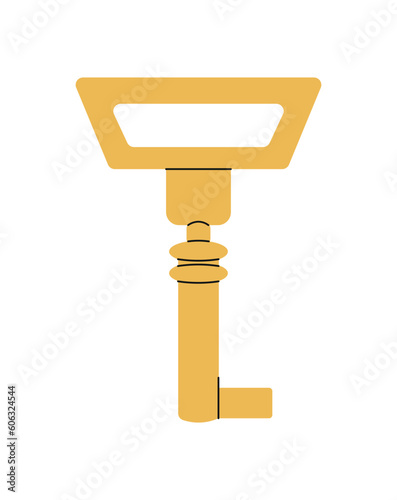 Door key concept. Icon for website. Golden key for home or house. Security and safety for real estate and house. Poster or banner. Cartoon flat vector illustration isolated on white background