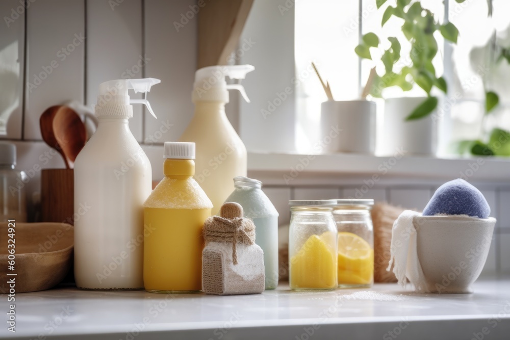 homemade cleaning products on a shelf with other household necessities, created with generative ai homemade cleaning products on a shelf with other household necessities, created with generative ai
