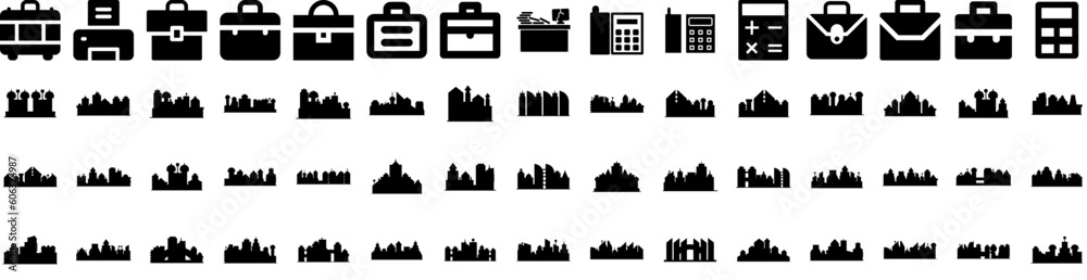 Set Of Office Icons Isolated Silhouette Solid Icon With Work, Office, Business, Modern, Table, Computer, Desk Infographic Simple Vector Illustration Logo