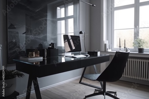 sleek, minimalist home office with sleek furniture and modern accessories, created with generative ai
