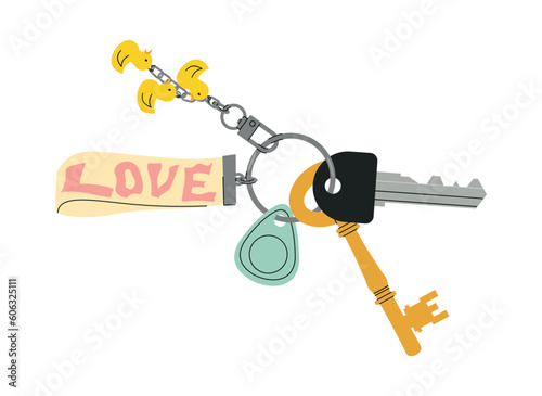 Door keys with keyfobs concept. Things for opening locks and access to apartment or room, office or garage. Souvenir duck and love text. Cartoon flat vector illustration isolated on white background