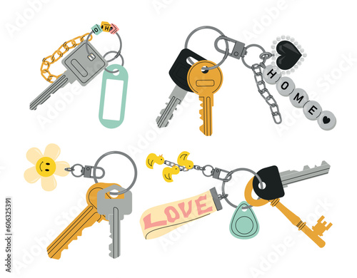 Door keys with keyfobs set. Security and protection of apartment. Bunch of things for opening locks, access to private property. Cartoon flat vector collection isolated on white background