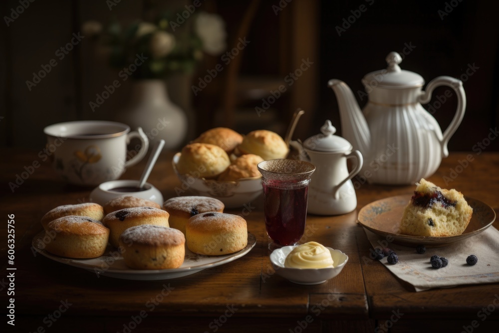 tea-time scene, with scones and muffins on table, and teapot in the background, created with generative ai tea-time scene, with scones and muffins on table, and teapot in the background, created with generative ai