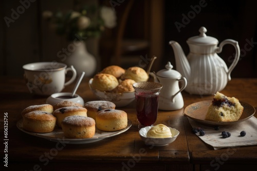 tea-time scene  with scones and muffins on table  and teapot in the background  created with generative ai