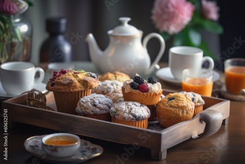 morning tea service with scones, muffins, and cakes on dainty tray, created with generative ai