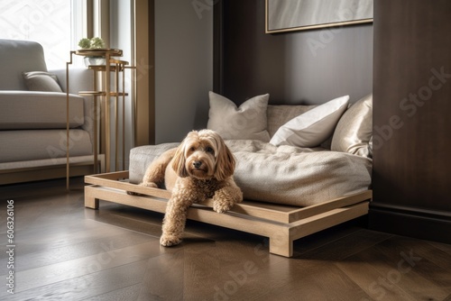 modern pet bed with plush pillow and blanket in sleek, contemporary room, created with generative ai