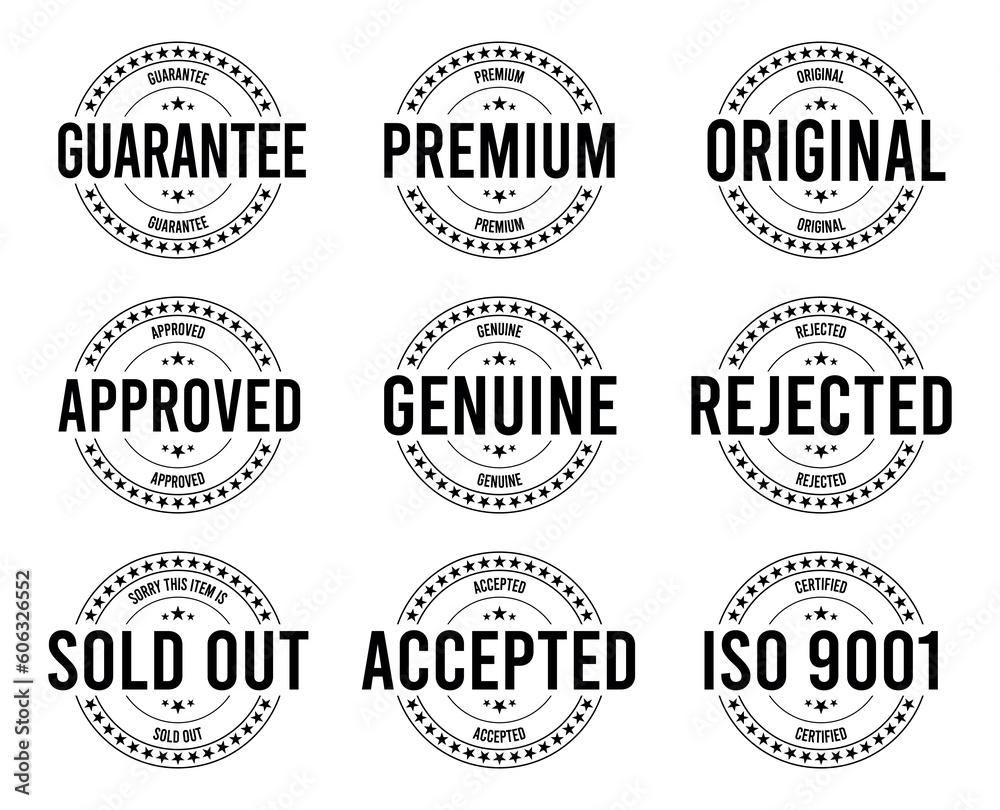 Fototapeta premium Stamp design set - premium quality, guaranteed, approved, sold out,iso 9001, accepted, genuine, original.