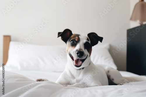 portrait of happy dog, lying on bed with head turned to side, smiling, created with generative ai