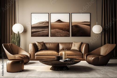 living interior with sofa modern design brown earth tone generative ai 