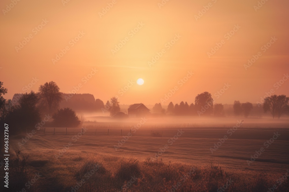 rural landscape with sunset, featuring orange and red hues, created with generative ai