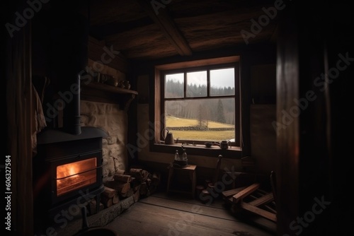 view of rural landscape from inside cozy cabin  with warm fireplace and welcoming atmosphere  created with generative ai
