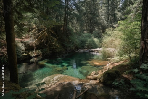 swimming hole in the midst of a forest  surrounded by tall trees  created with generative ai