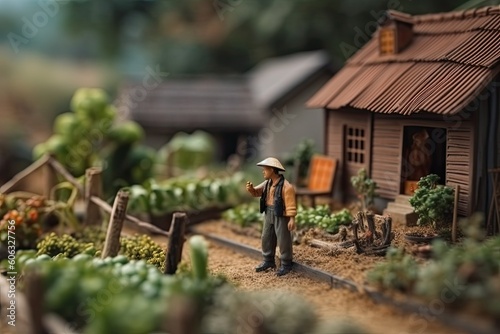 Miniature Asian Farmer working in field. Village diorama. Toy farm in summer and old man. Concept of harvesting created with Generative AI Technology
