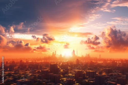 cityscape with sunset  featuring views of the skyline and surrounding landscape  created with generative ai