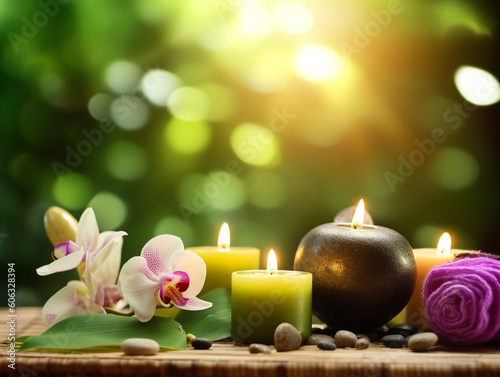 Spa therapy background with essential candle and flower