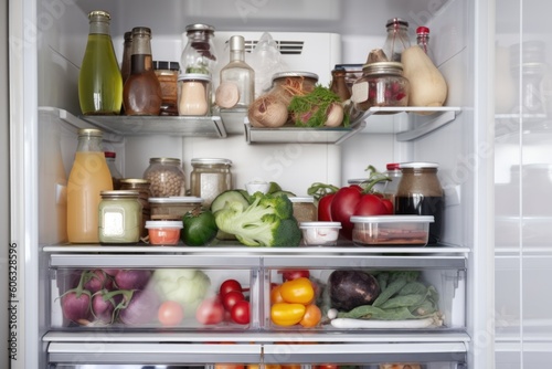 refrigerator filled with fresh ingredients, ready for cooking, created with generative ai