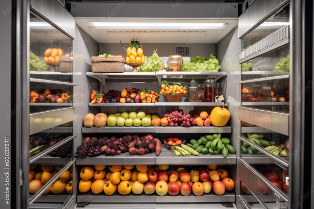 view of walk-in refrigerator filled with fresh fruits and vegetables, created with generative ai