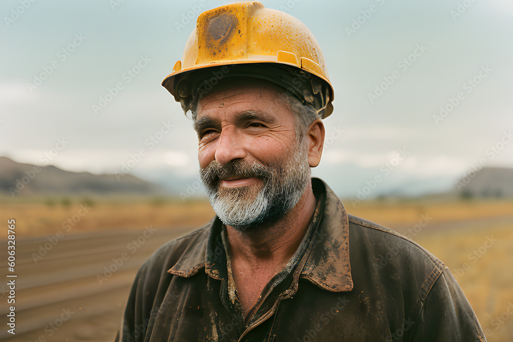 Image of a middle-aged or senior dirty coal miner. (AI-generated fictional illustration)