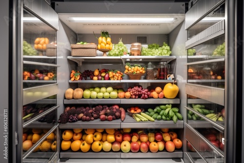view of walk-in refrigerator filled with fresh fruits and vegetables, created with generative ai © Natalia
