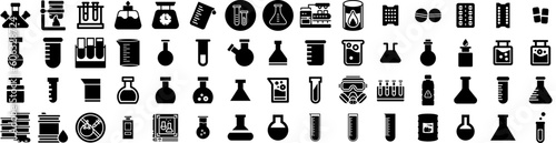 Set Of Chemical Icons Isolated Silhouette Solid Icon With Equipment, Laboratory, Chemical, Science, Medical, Chemistry, Toxic Infographic Simple Vector Illustration Logo