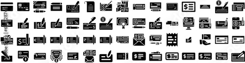 Set Of Cheque Icons Isolated Silhouette Solid Icon With Pay, Business, Bank, Payment, Money, Check, Cheque Infographic Simple Vector Illustration Logo
